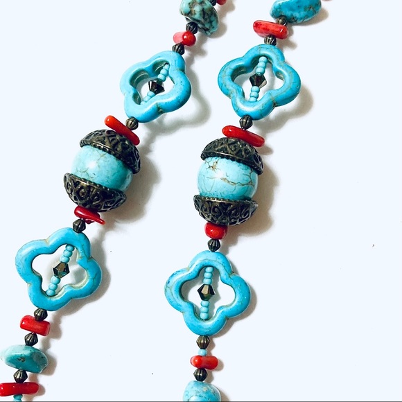 Handmade Red and Aqua Elephant Statement Necklace - Picture 4 of 15